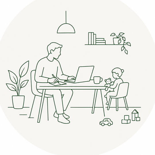 Coaching voor ondernemers die ouder zijn Een ouder aan het werk aan tafel met een kind in de stoel aan het spelen, als beeld bij coaching voor ondernemer die ook ouder zijn en veel verantwoordelijkheid dragen.