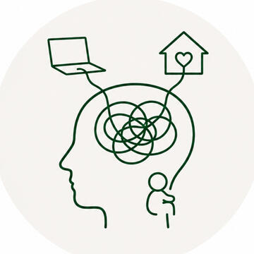 Herkenbare thema’s in coaching hoofd altijd aan Afbeelding van een persoon waar in het hoofd veel gebeurt dat te maken heeft met werk, thuis en kinderen.
