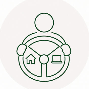 Coaching rond controle en verandering, alles onder controle houden. Afbeelding van een ondernemer achter het stuur die probeert controle te houden over thuis en werk.